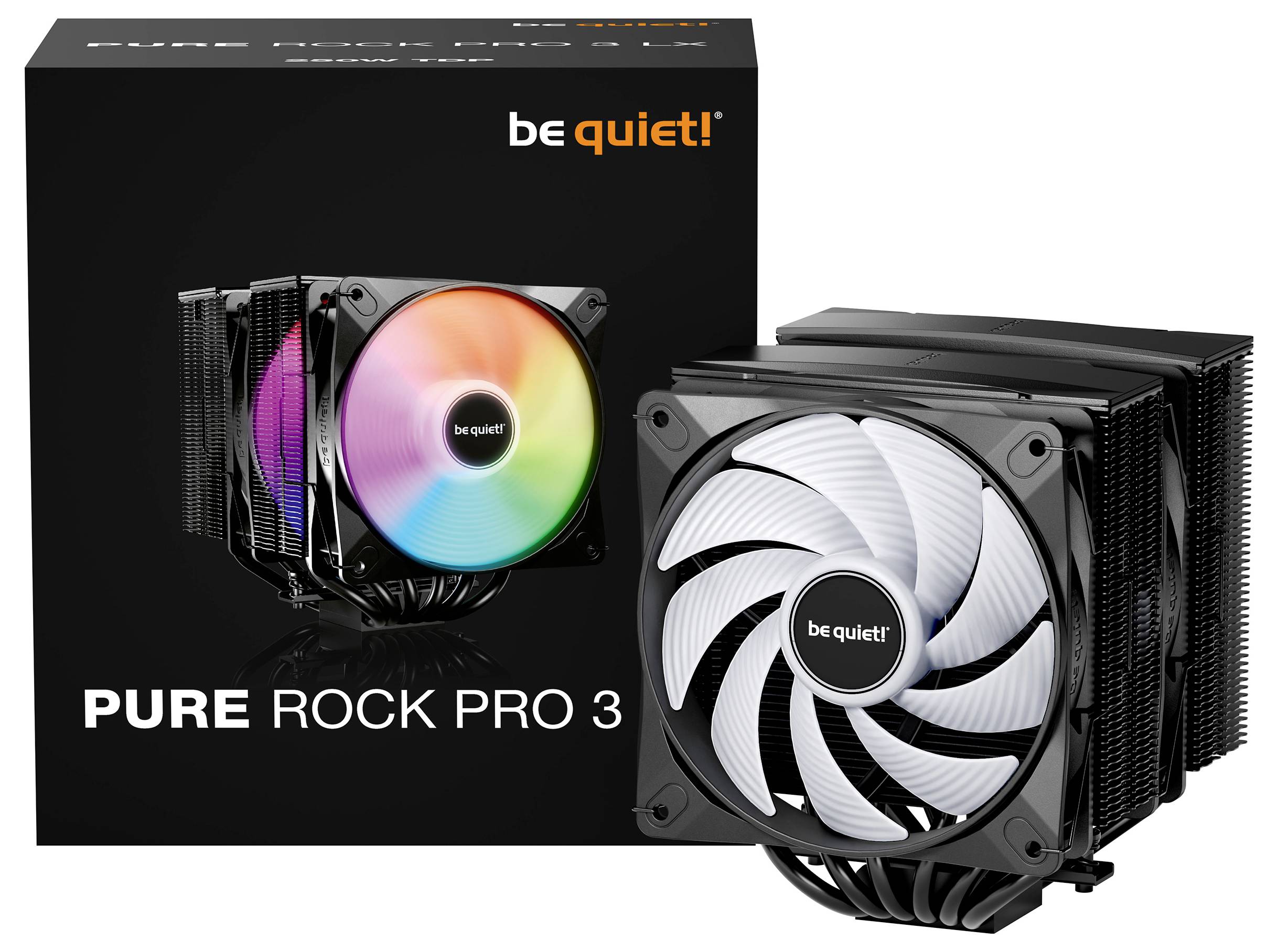 « Silence ! » Refroidisseur CPU PURE ROCK PRO 3 avec ventilateur RGB, devant son emballage. La boîte affiche également le nom du produit et le design RGB.