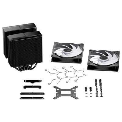 « Restez silencieux ! » Ventirad Dark Rock Pro 4 présenté avec ses composants : deux ventilateurs, radiateur, supports de fixation, vis, entretoises et plaque arrière.