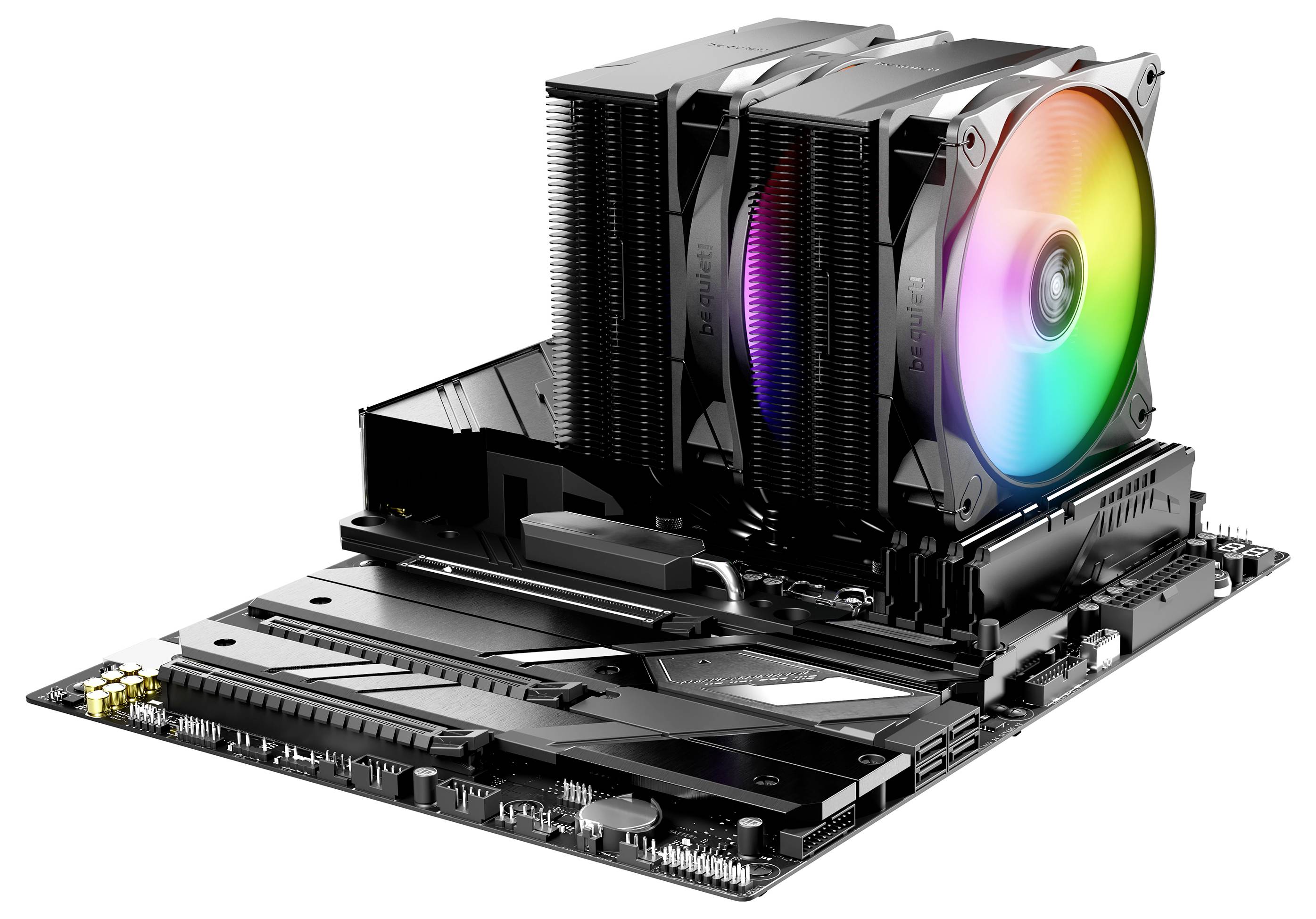 Une carte mère d'ordinateur avec un grand dissipateur thermique et deux ventilateurs, dont un émettant une lumière RVB multicolore, probablement conçue pour un refroidissement efficace.