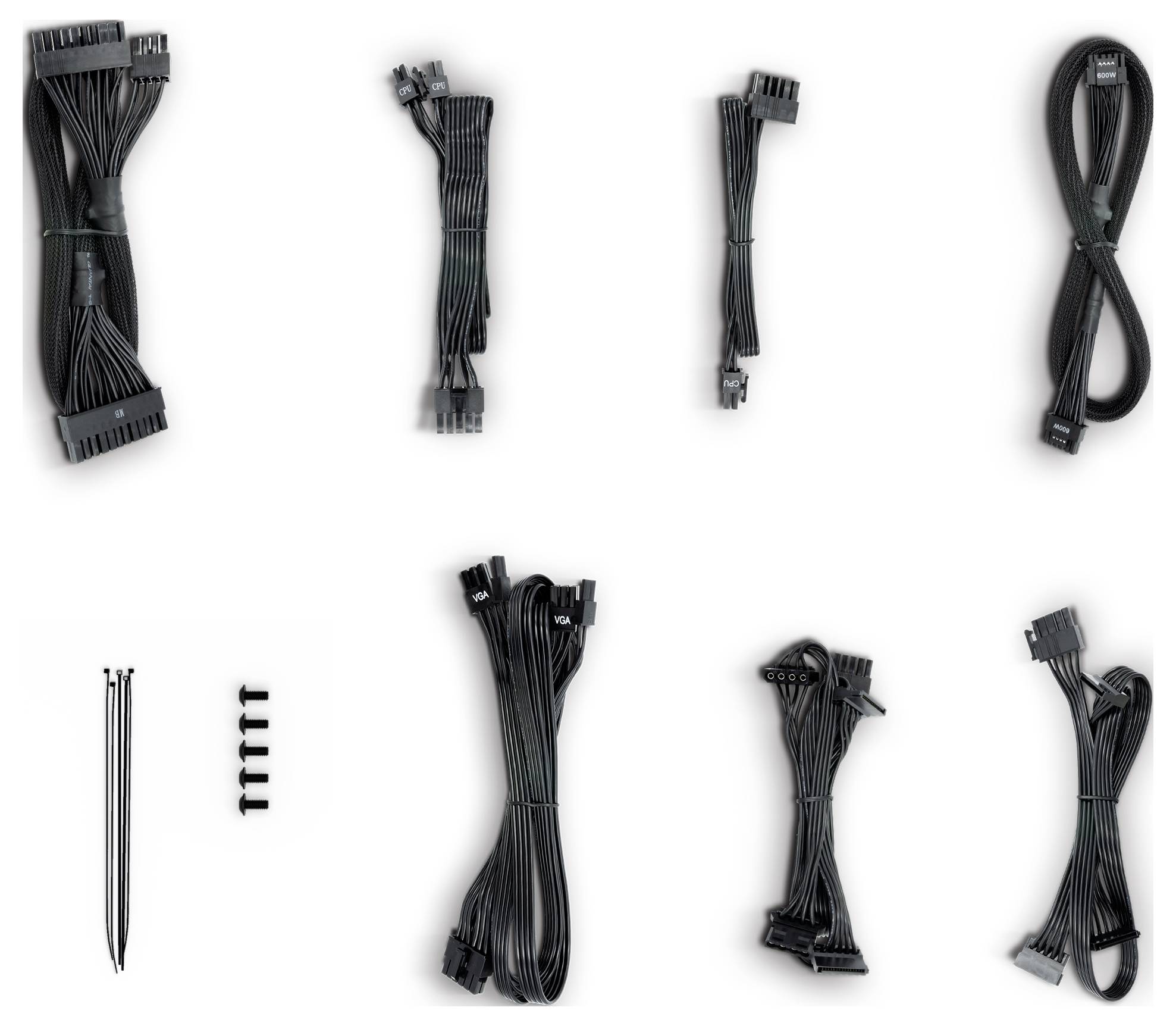 Un assortiment de câbles d'ordinateur noirs et de fixations, incluant des connecteurs d'alimentation et de données, disposés sur une surface plane.