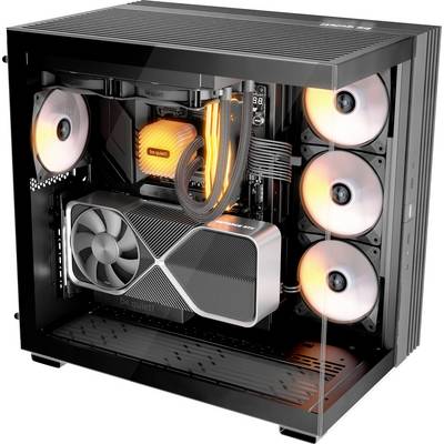 Un boîtier PC transparent mettant en valeur une configuration de jeu haute performance avec des ventilateurs RGB, un système de refroidissement liquide et une grande carte graphique.