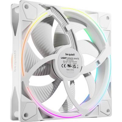 Un ventilateur d'ordinateur blanc avec des lumières LED multicolores, étiqueté « be quiet! LIGHT WINGS WHITE », conçu pour le refroidissement des appareils technologiques.