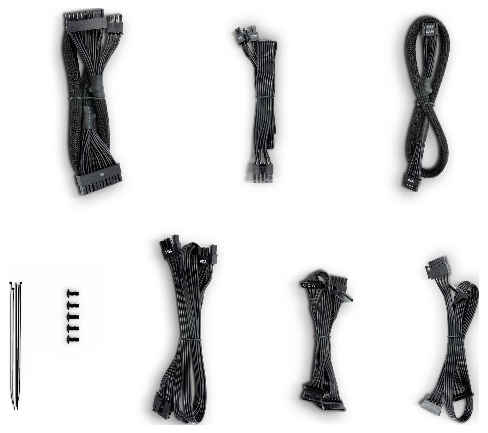 Une collection de câbles et accessoires informatiques noirs, comprenant des attaches de câbles et des vis, soigneusement organisés sur un fond clair.