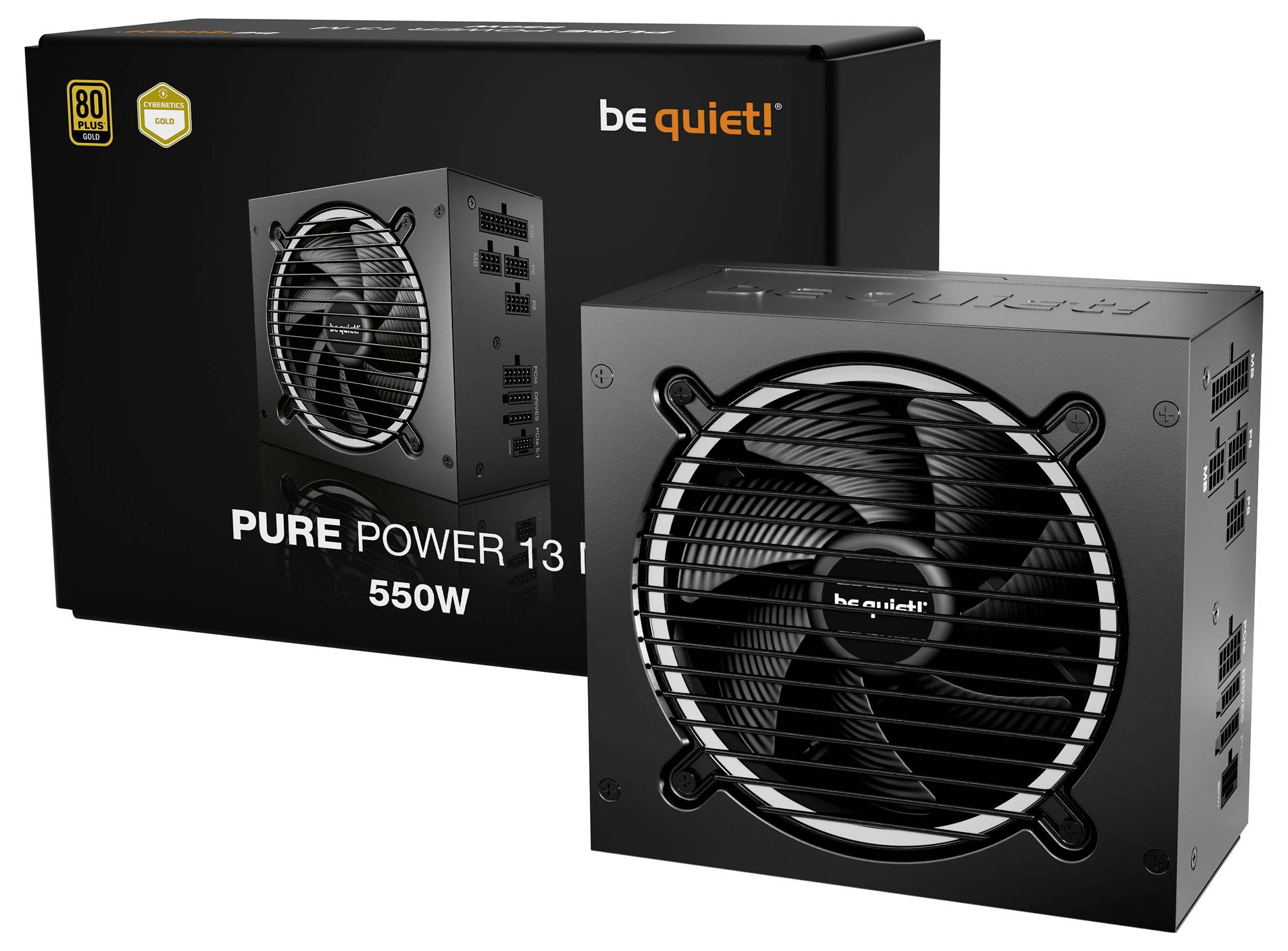 « Silence ! » Bloc d'alimentation Pure Power 13, 550W. Présente un design compact et un grand ventilateur de refroidissement. Boîte du produit et unité présentées.