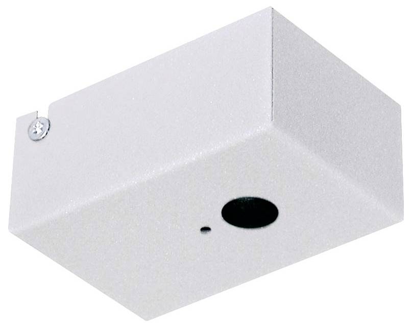 Une boîte métallique blanche avec un trou circulaire et une petite ouverture, possiblement pour le montage ou le logement d'un appareil.