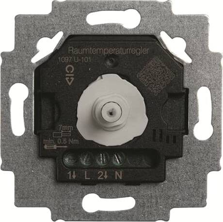 Une image rapprochée d'une platine de base de thermostat mural, montrant des bornes de câblage étiquetées 1, L, 2, N et un bouton central.