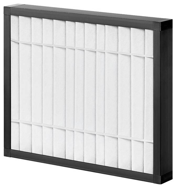 Un filtre à air plissé blanc avec un cadre noir.