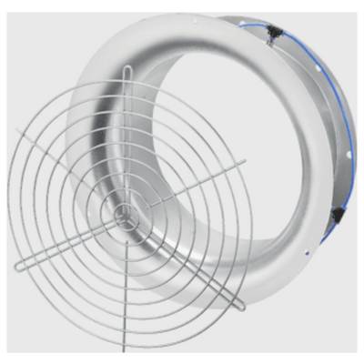 Ventilateur anneau argenté avec une grille de sécurité métallique avant et des accents bleus à l'arrière, présenté sur un fond blanc uni.