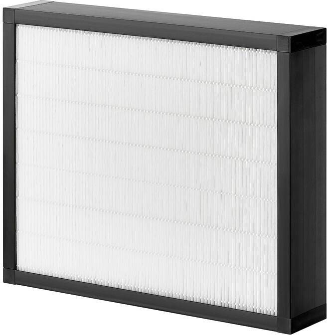 Un filtre à air rectangulaire avec un cadre noir et une surface plissée blanche, conçu pour piéger les particules en suspension dans l'air.