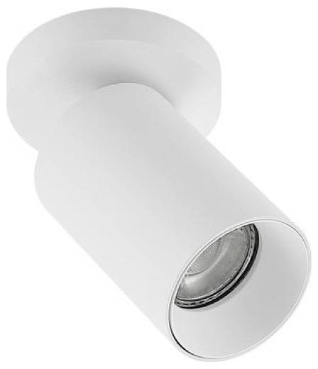 Projecteur de plafond cylindrique blanc avec tête réglable et ouverture de lampe encastrée, présenté sur un fond uni.