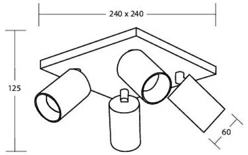 Diagramme isométrique d'un luminaire de plafond 240 x 240 avec trois projecteurs cylindriques et une lampe rectangulaire inclinée ; hauteur totale 125 et longueur de côté 60.