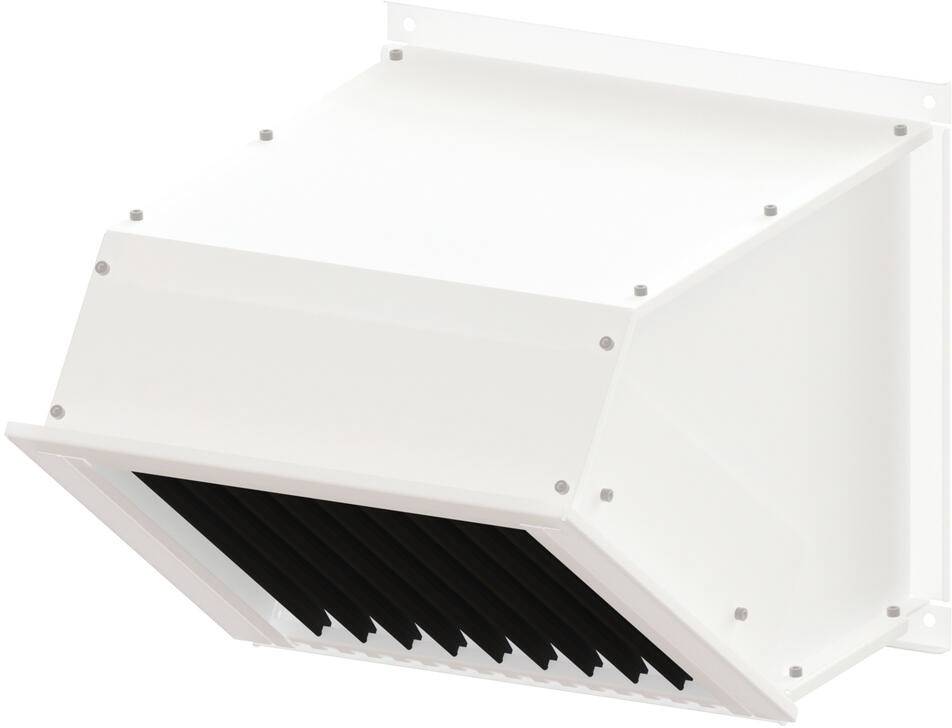 Un couvre-ventilation industriel blanc avec une ouverture d'échappement à lames. Il est conçu pour être monté sur des surfaces planes, probablement utilisé pour la ventilation.