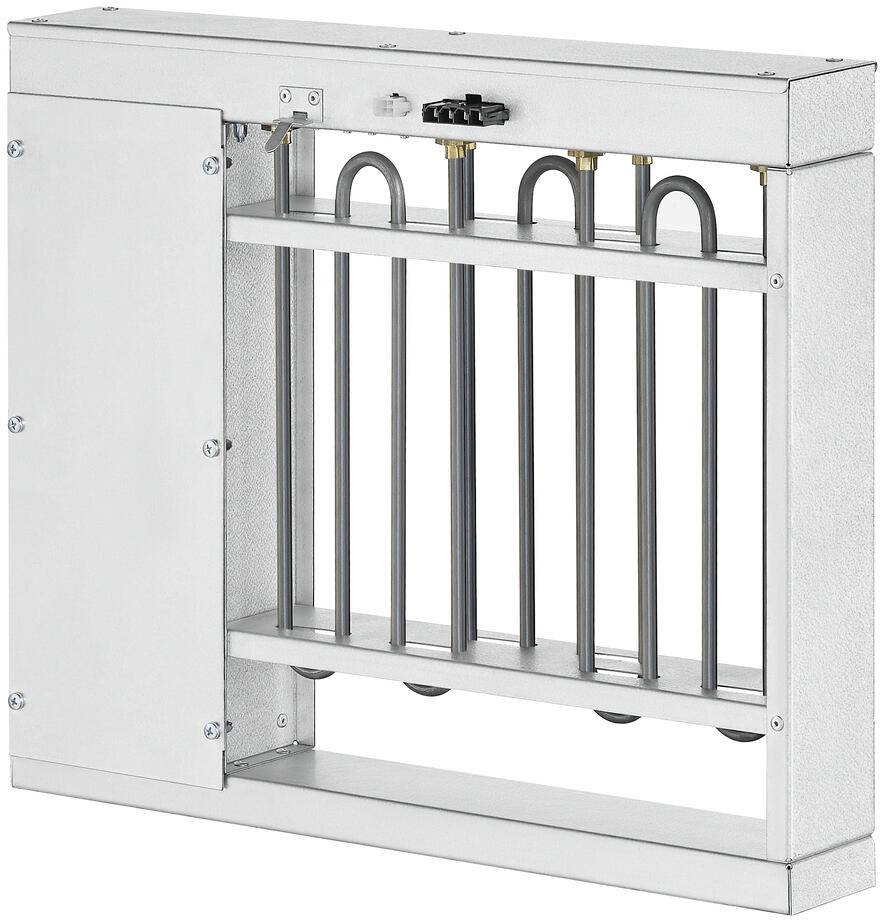 Réchauffeur d'air métallique avec éléments chauffants apparents et un boîtier de protection, utilisé pour les systèmes de ventilation industriels ou commerciaux.