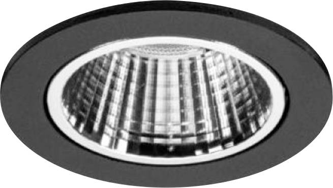 Luminaire de plafond encastré circulaire avec boîtier intérieur réfléchissant et garniture extérieure foncée.