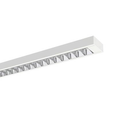 Un long luminaire de plafond blanc rectangulaire avec une rangée d'ampoules à lames réfléchissantes, présenté sur un fond blanc uni.