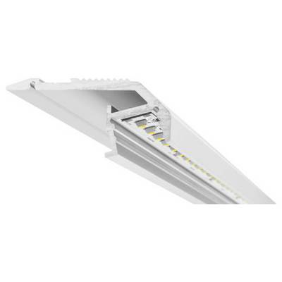 Vue latérale d'un luminaire LED linéaire avec un cadre blanc et l'intérieur exposé montrant des bandes LED le long de la rainure intérieure.