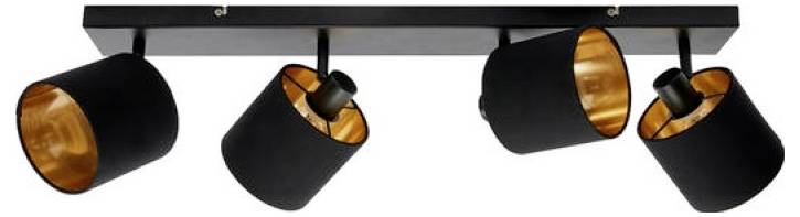 Quatre projecteurs de plafond orientables noirs avec intérieurs dorés montés sur une barre de suspension noire.