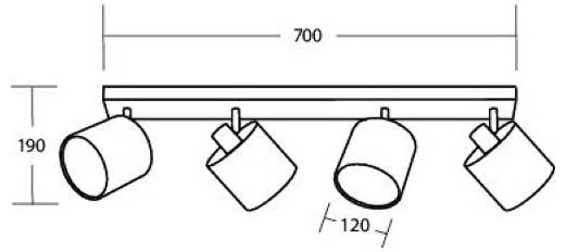 Diagramme d'un luminaire de plafond sur rail avec quatre projecteurs orientables ; les dimensions indiquées incluent 700 de longueur, 190 de hauteur et 120 d'espacement.