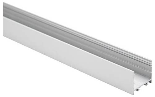 Une piste en aluminium argenté utilisée pour le montage ou la fixation d'autres composants, présentée dans une perspective oblique.