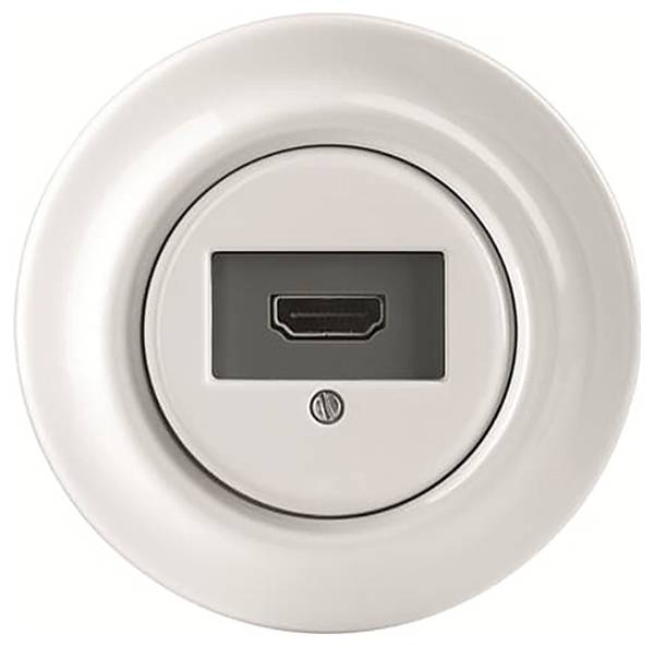 Une plaque murale circulaire avec un port HDMI, conçue pour une gestion élégante des câbles dans les installations résidentielles ou de bureau.
