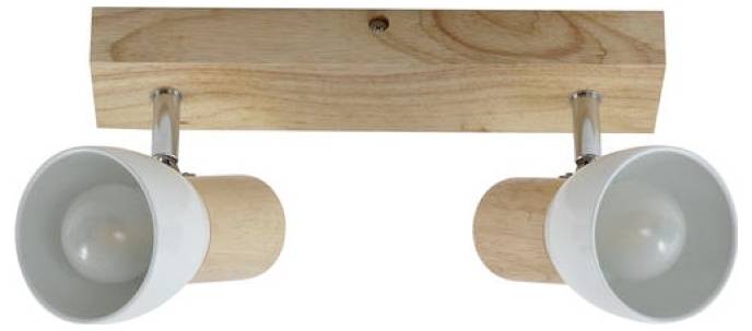 Luminaire de plafond en bois avec deux projecteurs cylindriques blancs ajustables montés sur une base rectangulaire en bois.
