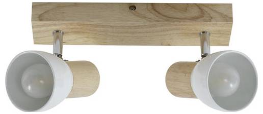 Luminaire de plafond en bois avec deux lampes coniques blanches ajustables.
