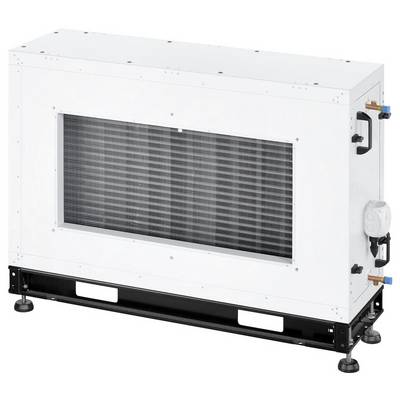 Une unité de climatisation rectangulaire blanche avec une grille visible au centre, montée sur des pieds noirs, dotée de boutons de contrôle et de connecteurs.