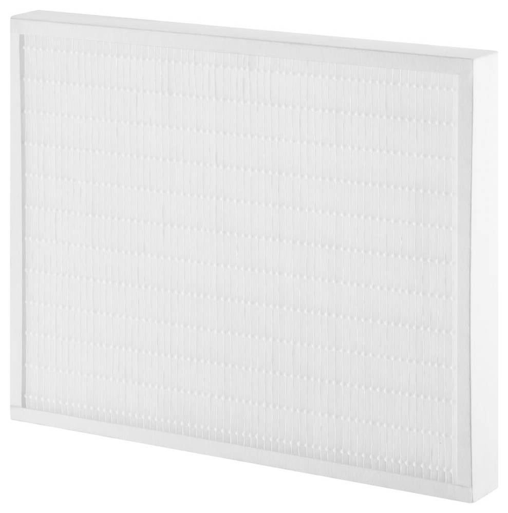 Un filtre à air blanc rectangulaire avec une surface texturée, utilisé pour purifier l'air dans les systèmes de ventilation.