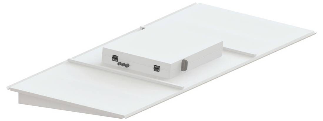 Un panneau de plafond blanc avec un dispositif rectangulaire monté au centre, équipé de multiples boutons et connecteurs.