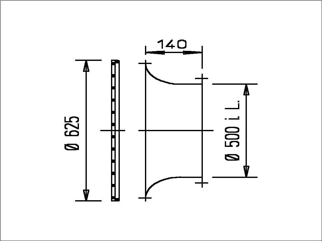 Dessin technique d'un raccord réducteur de tuyauterie/conduit avec dimensions : diamètre 625 mm, diamètre 500 mm, et longueur 140 mm.