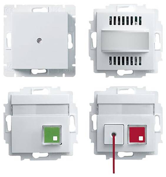 Quatre interrupteurs muraux électriques blancs : un simple, un avec une aération, un avec un bouton vert, et un avec un bouton rouge et une fente.