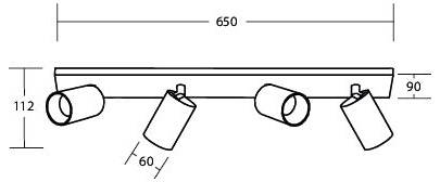 Dessin technique d'un luminaire de plafond à quatre lumières montrant les dimensions et les angles : 650 mm de long, 112 mm de haut, avec des ajustements de 90° et 60°.