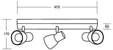 Dessin technique d'un luminaire sur rail à trois sources, montrant une barre de 470 mm de largeur avec trois projecteurs orientables et une hauteur de 170 mm.