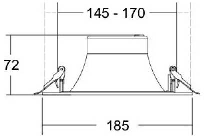 Dessin technique d'un évent ou chapeau de toit conique, montrant les dimensions de 185 mm de large, 72 mm de haut et 145–170 mm de largeur en haut.