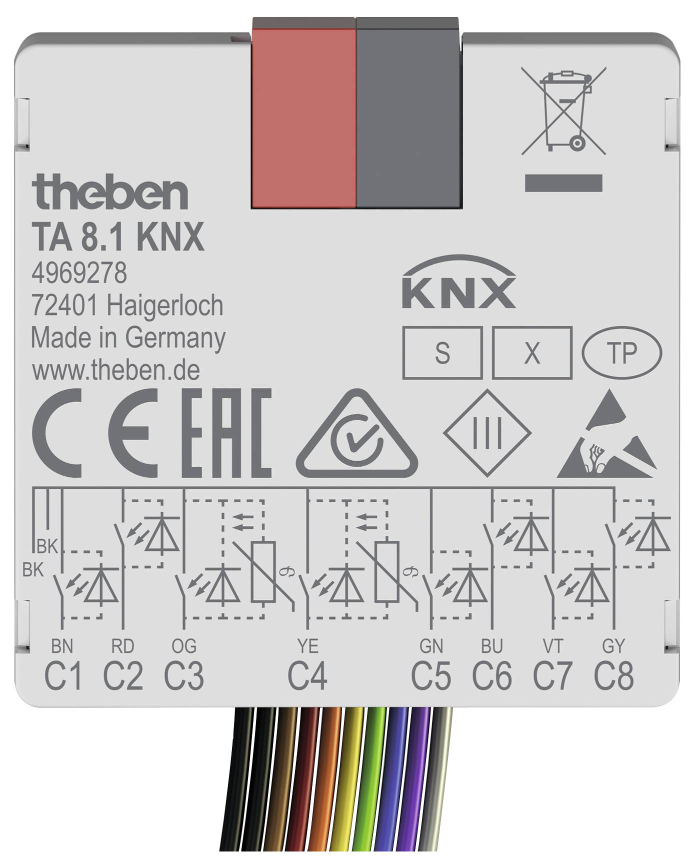 Un modèle de dispositif KNX TA 8.1 par Theben, présentant plusieurs fils de couleur et des symboles indiquant diverses spécifications techniques et connexions.