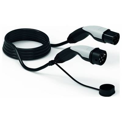 'Câble de recharge pour véhicule électrique enroulé de couleur noire avec deux connecteurs identiques, chacun équipé de plusieurs broches pour la compatibilité de recharge.'