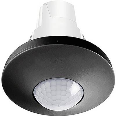Capteur de mouvement montable au plafond avec une base blanche et un cache circulaire noir conçu pour détecter les mouvements à des fins d'éclairage et de sécurité.