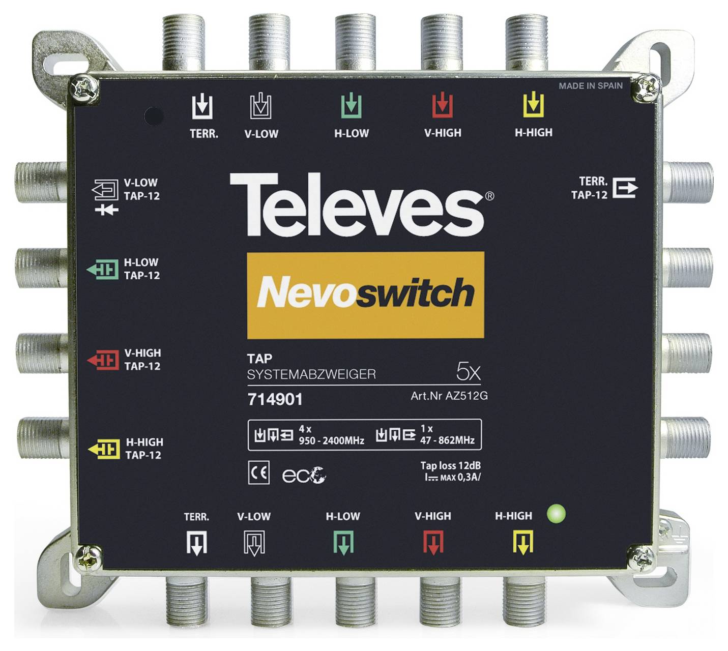 Commutateur de distribution de signaux satellites étiqueté « Televes Nevoswitch », avec divers ports d'entrée/sortie pour différents signaux satellites.