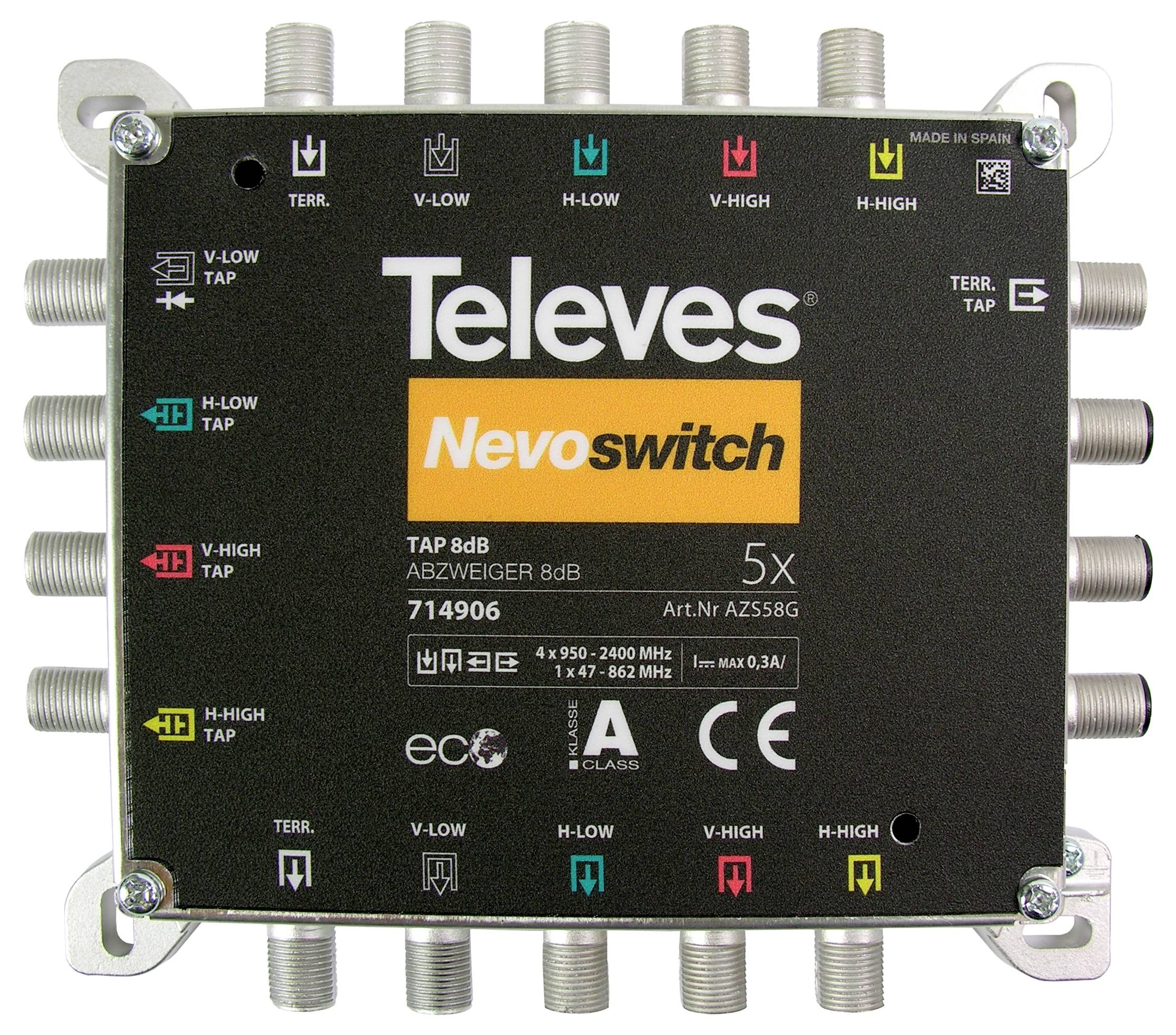 'Multicommutateur Televes Nevoswitch avec plusieurs ports coaxiaux, étiqueté pour les connexions terrestres et satellites, modèle 714906.'