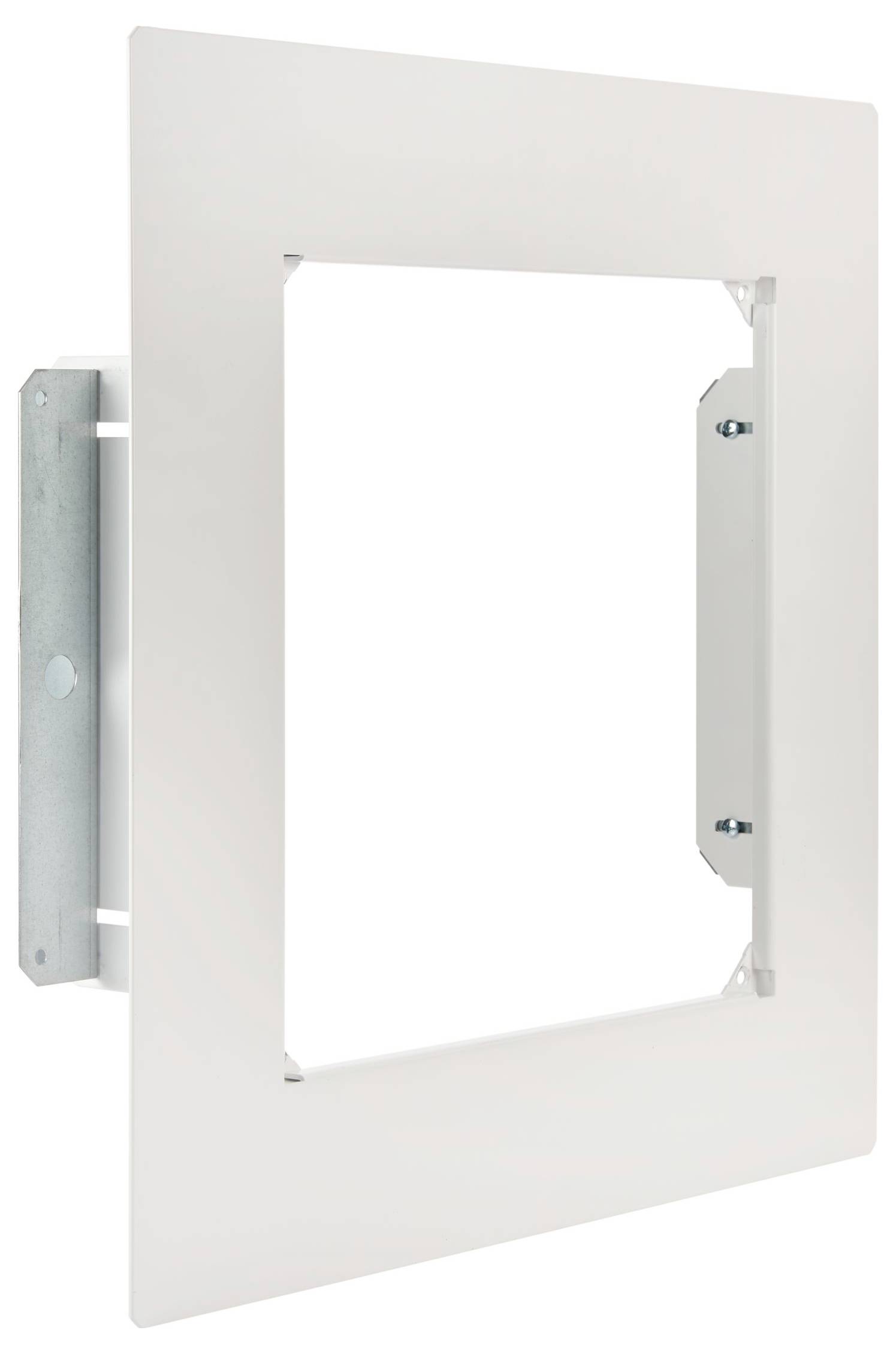 Cadre de porte en métal blanc avec charnières latérales, montré ouvert, sur un fond uni.