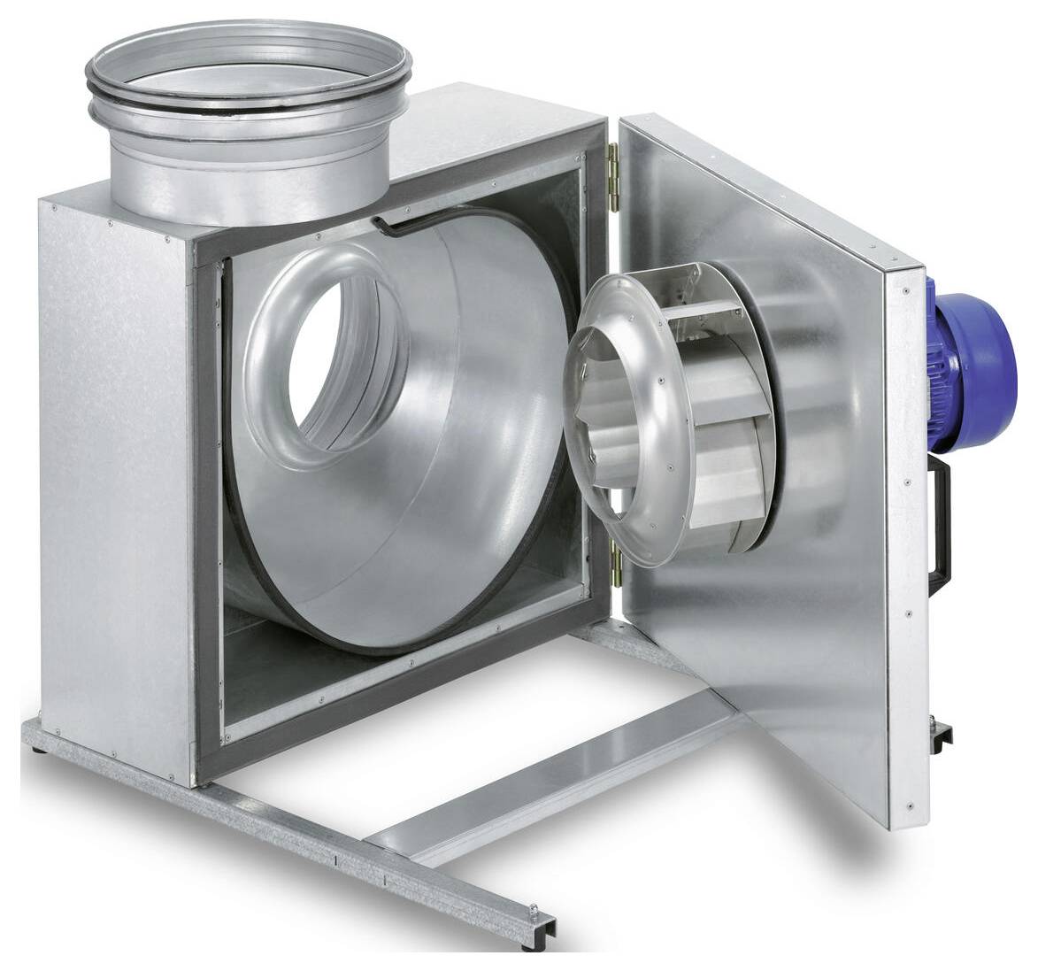 Unité de ventilation métallique avec porte ouverte montrant le ventilateur interne et les conduits, conçue pour la circulation de l'air et les systèmes de contrôle climatique.