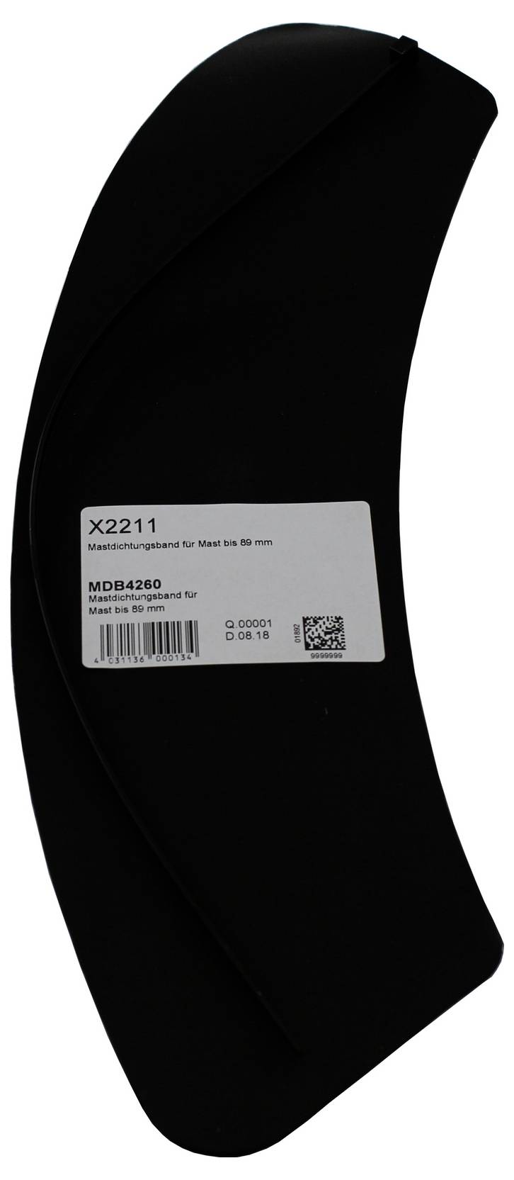 Un objet noir courbé avec une étiquette blanche affichant 'X2211', 'MDB4280', et d'autres informations sur le produit, y compris un code QR.