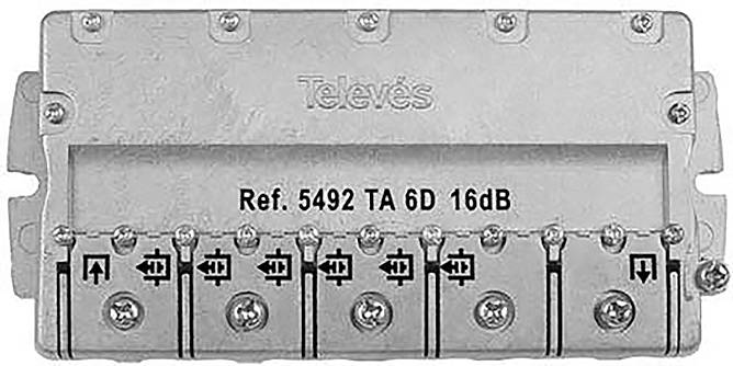 Un séparateur de signal TV en métal avec 8 ports, étiqueté notamment « Televés » et « Réf. 5492 TA 6D 16dB », utilisé pour la distribution par câble.