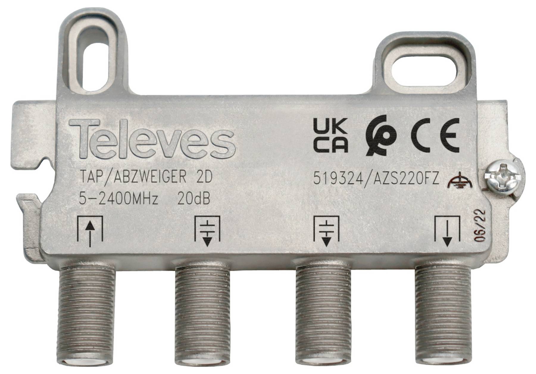 Un splitter coaxial argenté de marque 'Televes', modèle 'TAP/ABZWEIGER 2D 5-2400MHz 20dB', avec les certifications 'UKCA' et 'CE'.