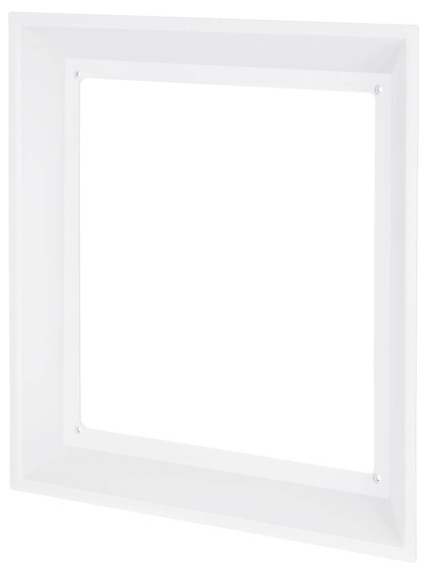 Une boîte de montage encastrée en plastique blanc carré avec un bord biseauté, conçue pour loger des panneaux électriques ou des luminaires.