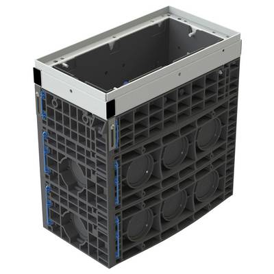 Un composant modulaire rectangulaire gris et bleu avec une structure en grille et des ouvertures circulaires, possiblement destiné à un usage industriel ou de construction.