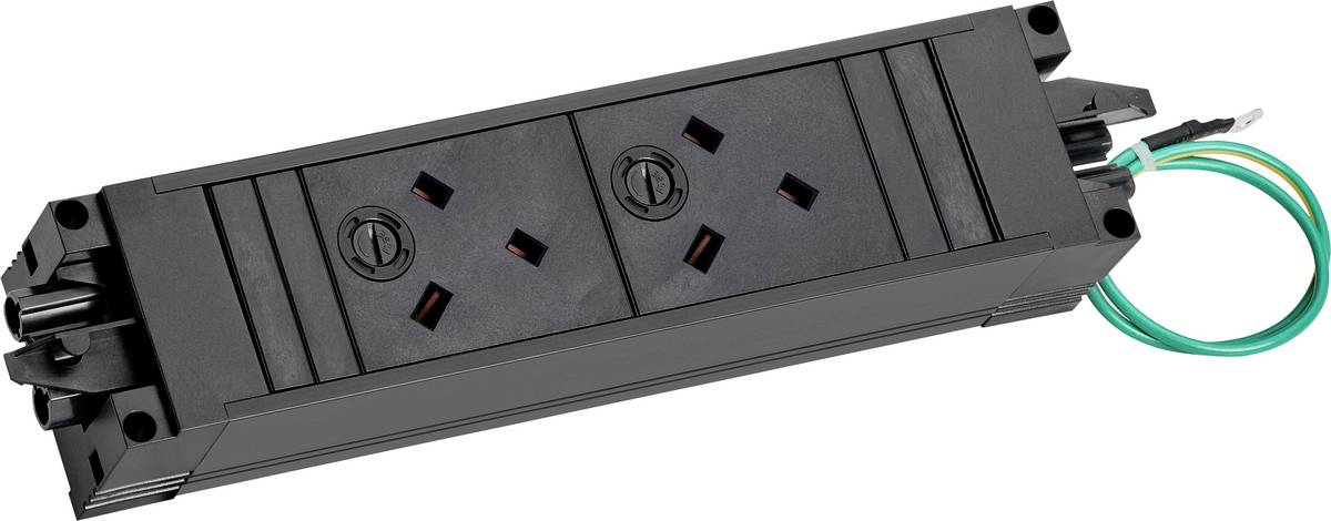Module d'alimentation électrique noir avec deux prises de type australien et fils vert/jaune attachés, présenté sur un fond blanc.