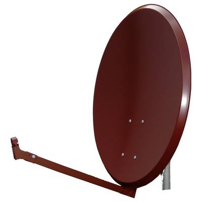 Une antenne parabolique rouge montée sur un pôle, orientée vers le haut, probablement destinée à recevoir des signaux de télévision ou d'Internet.