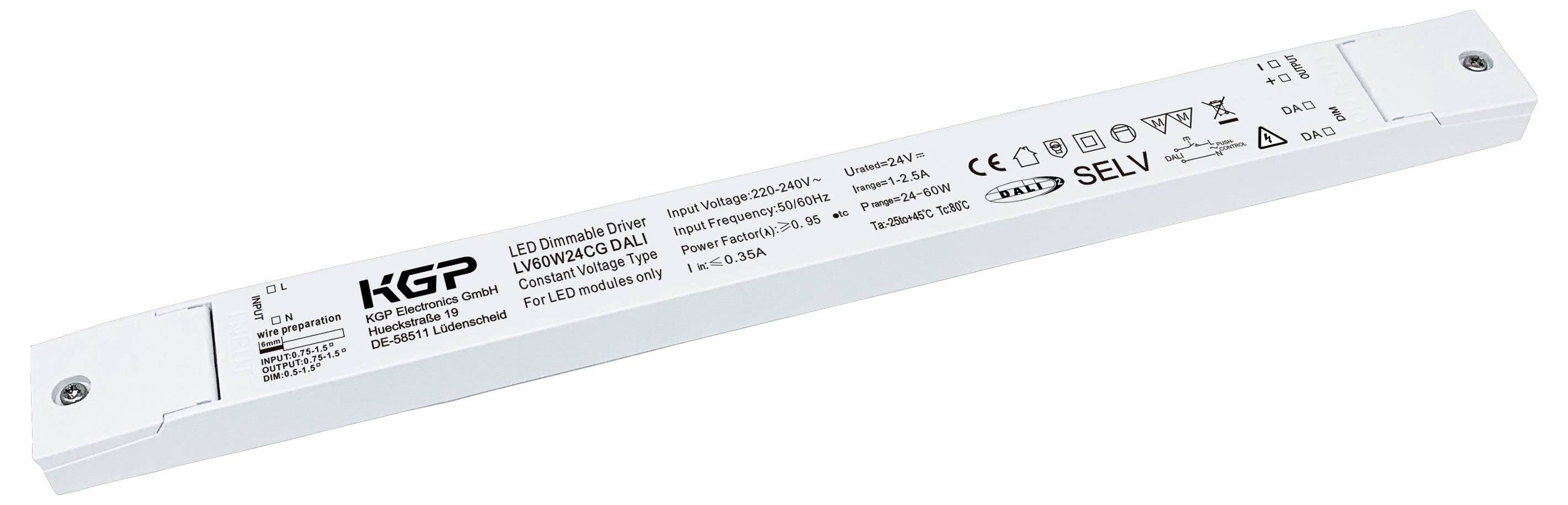 Variateur KGP pour LED avec spécifications techniques et certifications affichées sur le boîtier, utilisé pour contrôler l'éclairage LED.
