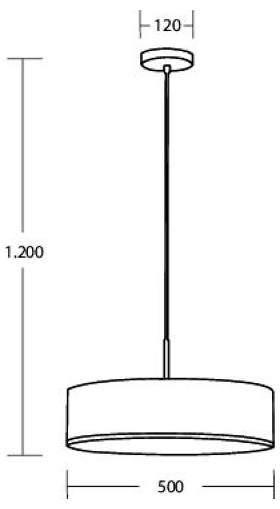 Dessin technique d'une suspension, montrant un abat-jour cylindrique de 500 mm de largeur, suspendu à 1 200 mm du plafond avec une rosace de 120 mm.